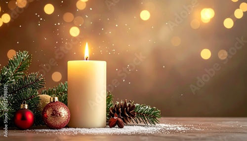 Christmas candle burning with pine leaves and decorations, festive holiday balls and pine cones, bokeh blur background, warm cozy seasonal lighting, space for text or message, Xmas decoration layout