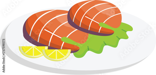 vector illustration of an orange & meat,  Vector illustration of grilled steak with asparagus and orange slices on plate, perfect for food design and menu artwork