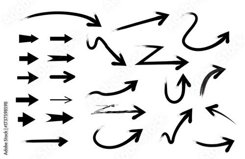 Large and diverse black arrow vector set featuring both clean solid shapes and hand drawn brush stroke styles for graphic design