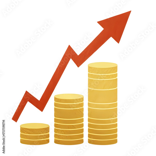 Financial growth illustrated by stacks of coins and upward trend arrow