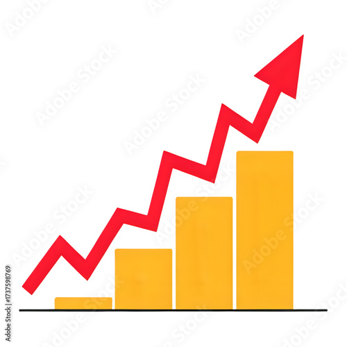 business graph on white background. Upward trending bar chart with red arrow