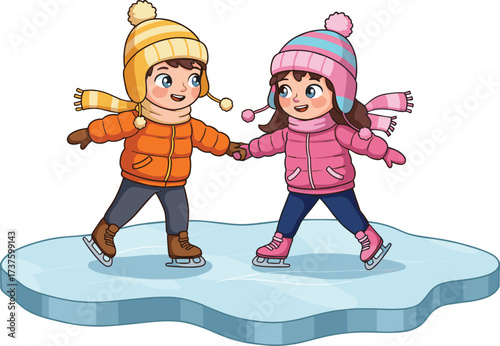 Cute cartoon children ice skating on frozen pond, happy winter kids in warm clothes, boy and girl enjoying outdoor fun activity