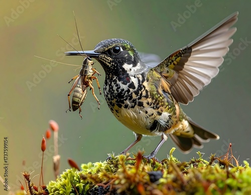 Tiny hummingbird with insect prey, perched on moss