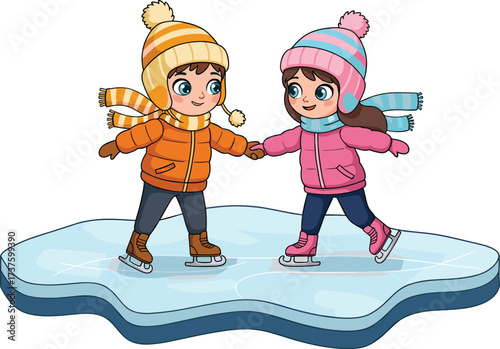 Happy cartoon kids ice skating on frozen lake, winter children in warm clothes, boy and girl having fun outdoor activity