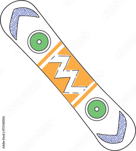 Retro 1990s snowboard design with bright orange zigzag pattern and purple accents