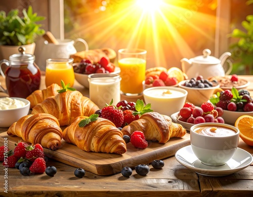 A Sunny Breakfast Spread with Croissants and Fruit