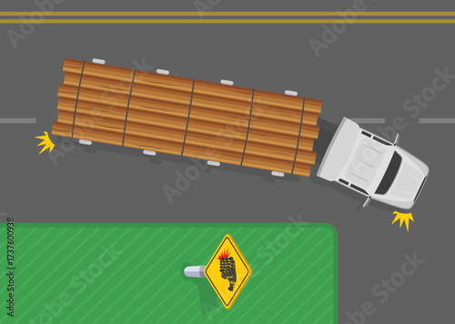 Traffic regulation rules and tips. "Watch for turning logging trucks" sign area. Top view of a loaded truck turns right at intersection. Flat vector illustration template