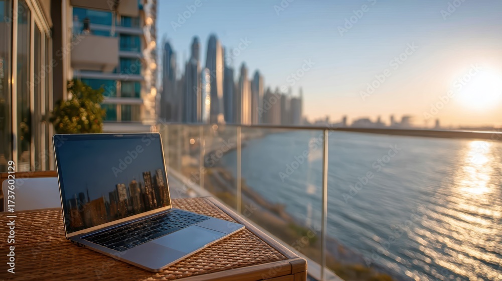Fototapeta premium Remote Work Laptop, Dubai Skyline, Ocean View - travel technology