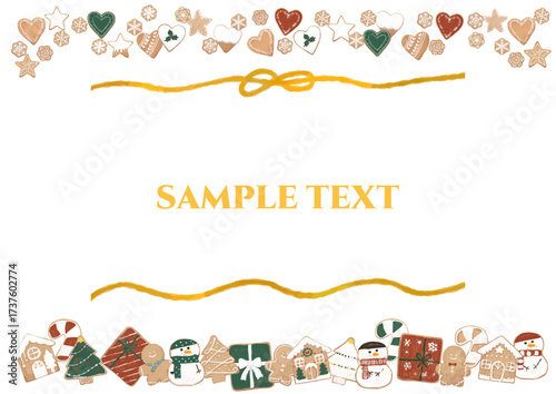 Christmas cookie border background, festive icing cookie decoration with top and bottom arrangement, transparent version