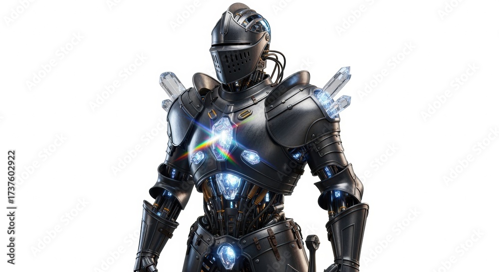 Fototapeta premium Robotic Knight in Crystal-Powered Medieval Armor