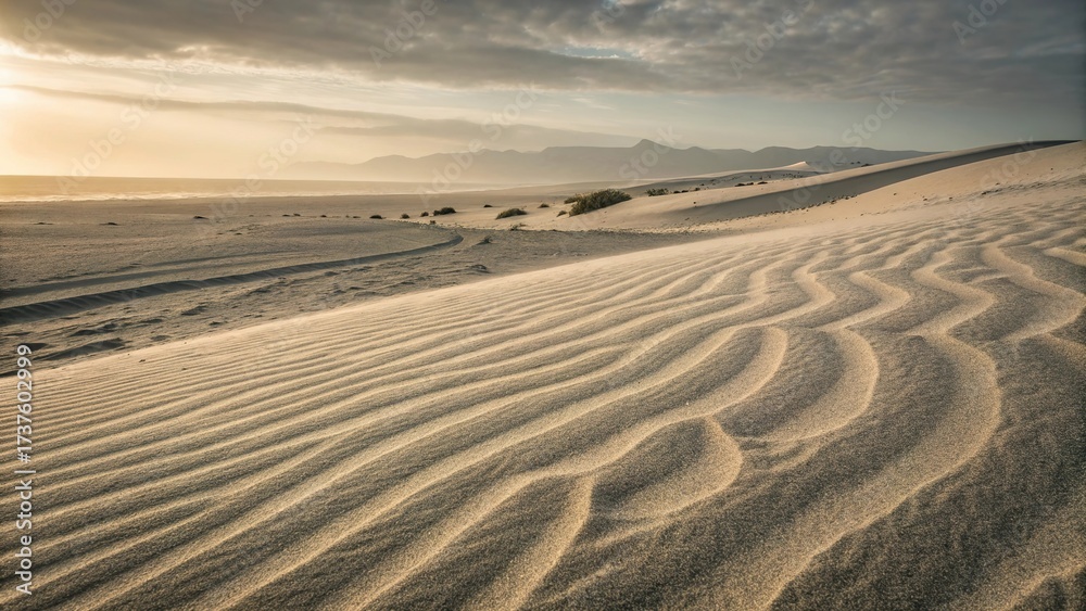 Naklejka premium Desaturated sand ripples create a peaceful desert landscape at sunset