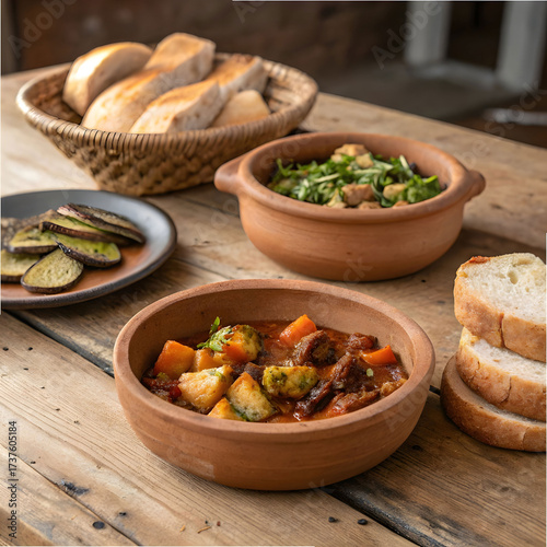 rustic wooden table with clay dishes full of fresh