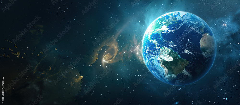 Obraz premium Earth in Cosmos: A breathtaking view of planet Earth suspended in the inky blackness of space, swirling cosmic elements, representing our planet's beauty, fragility, and the vastness of the universe.