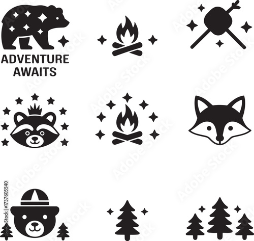 Woodland creatures campfire stars and trees bear raccoon