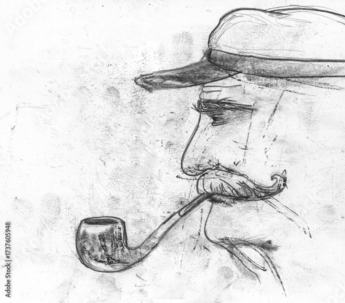 Pencil drawing a sailor with pipe from side view