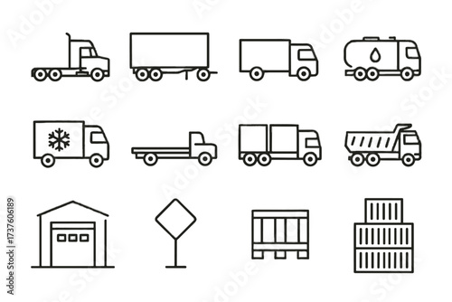 Road freight vector refrigerated box trailer fuel cargo stack truck icon