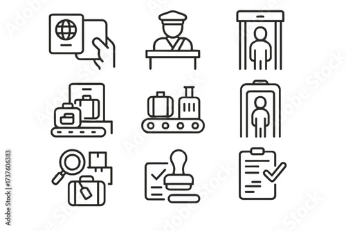 Inspection customs metal set gate approval icons stamp passport border vector scanner