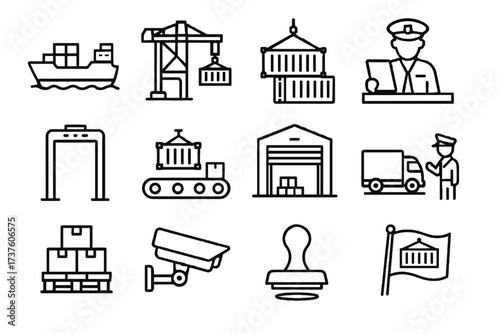 Stamp customs ship container flag icon vector warehouse inspection goods stack port