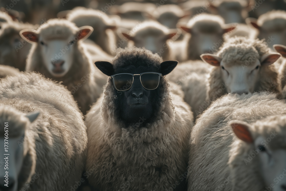 Obraz premium Black sheep wearing sunglasses in herd of white sheep