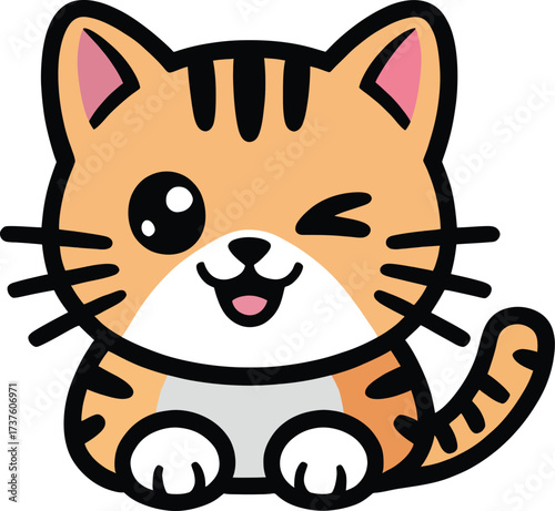 Orange tabby cat winking with pink ears and grey belly vector