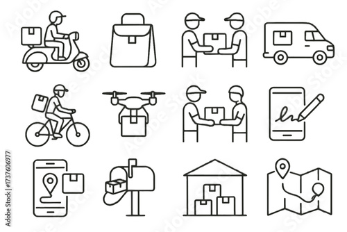 Receiving service parcel signature delivery drone van icons vector package courier smartphone