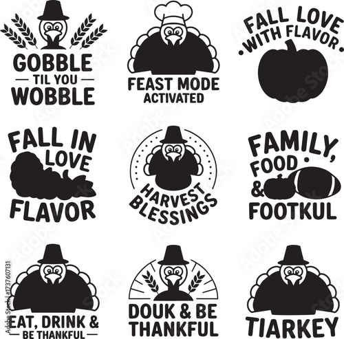 Thanksgiving turkey designs with playful text and autumn elements harvest food