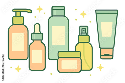 Collection of pastel skincare and cosmetic products