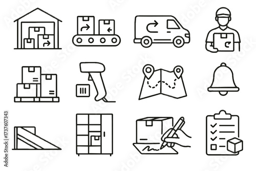 Van map reverse scanner vector delivery signature ramp logistics icons conveyor parcels