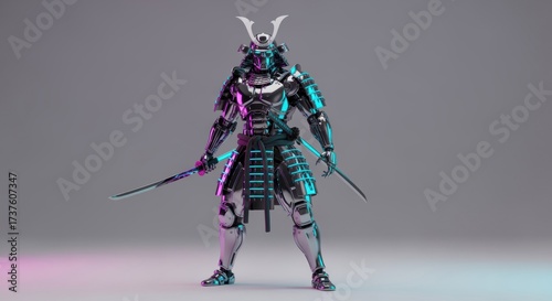 Futuristic Robotic Samurai Warrior in Neon Armor