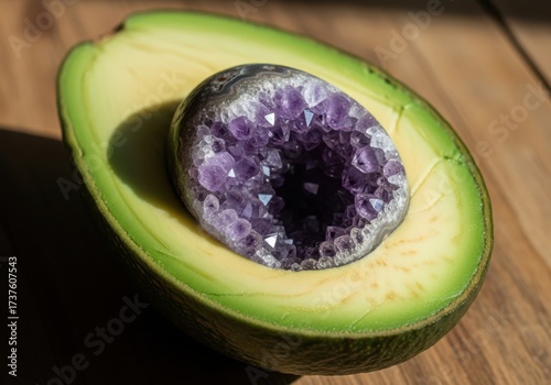 A halved avocado with a purple amethyst geode crystal nestled in the center, set against a wooden background
