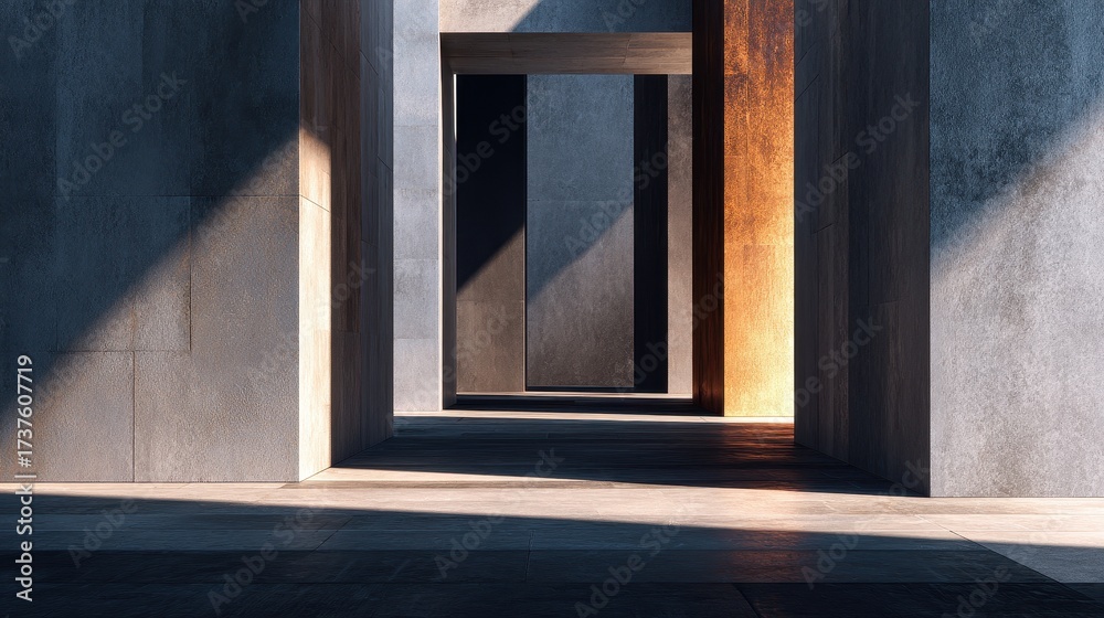 Obraz premium Modern Concrete Hallway with Sunlight and Textured Walls