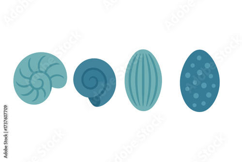 Stylized collection of sea shells in blue shades