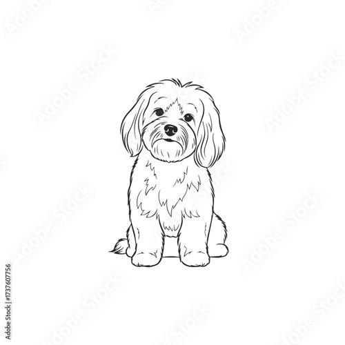 Adorable Fluffy Dog Sitting Line Art Illustration.