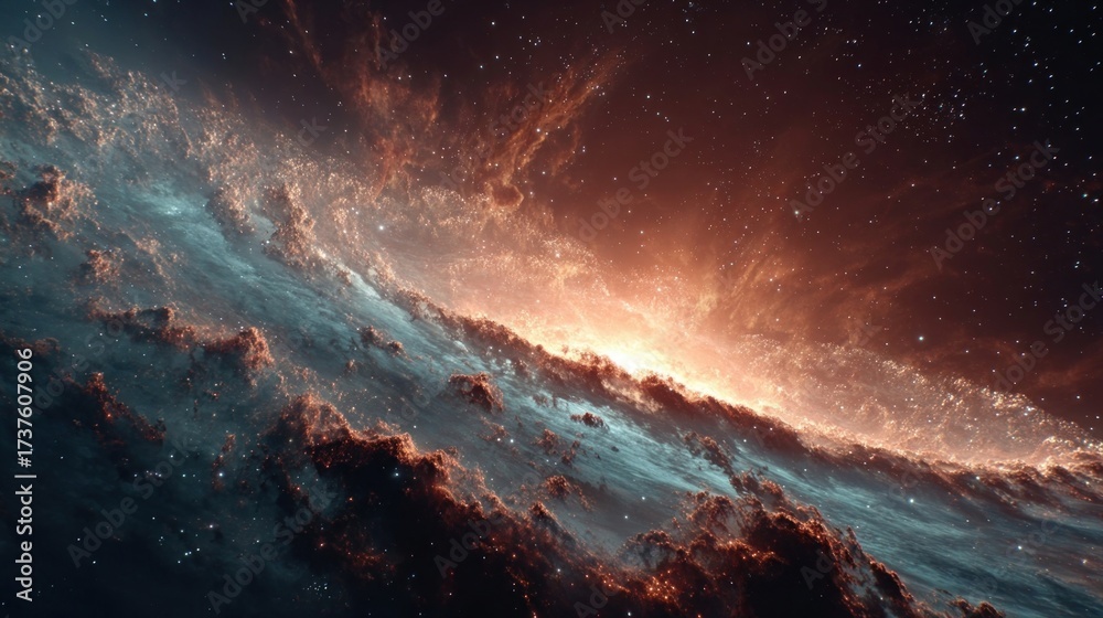 Fototapeta premium Vibrant orange and red nebula in deep cosmos