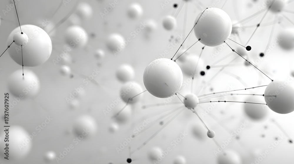 Obraz premium Spherical shapes are connected by lines, creating a network-like composition against a blurred, light-colored background.