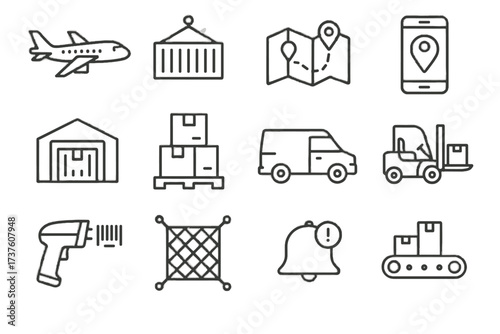 Alert forklift notification cargo map pallet international airplane freight air net icon