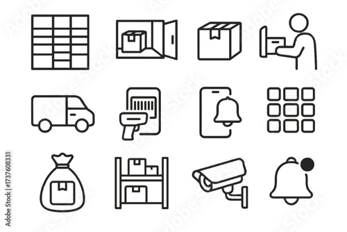 Vector security smartphone customer warehouse notification pickup camera icons parcel compartment locker