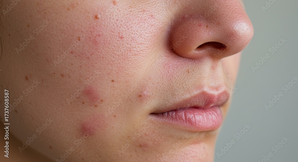 Fototapeta premium Close-up of a face with acne on grey background