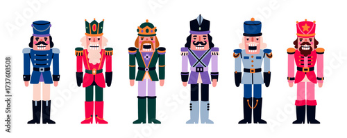 Nutcrackers set. Traditional holiday soldier toys in military costumes. Christmas figurines, guards in uniform. Festive Xmas nut crackers. Flat vector illustration isolated on white background