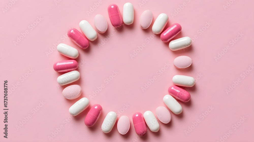 Obraz premium Colored pills and capsules are arranged in a circular pattern on a plain, light pink surface, forming a visually appealing composition that showcases medical supplies.