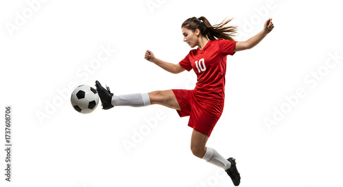 Female soccer player in red uniform kicking a ball mid-air isolated on white background, action shot for sports and athletic themes