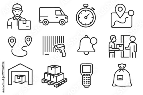 Delivery parcel icon courier scanner pallet vector set map stopwatch doorstep bag