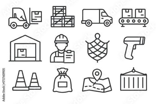 Barcode dock yard bag route container vector freight belt scanner cargo icons