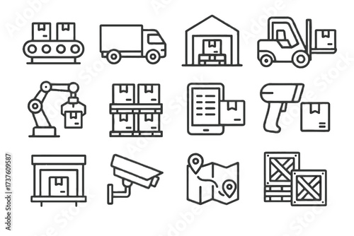 Stacked distribution route icon security icons workflow crates camera building vector conveyor