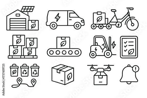 Delivery forklift sustainable vector bins icon tablet alert supply van icons eco