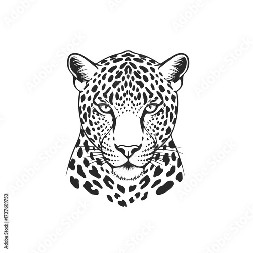 Fierce Leopard Head Illustration Black and White.
