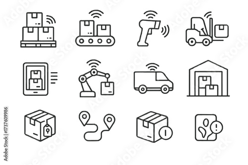 Route logistics warehouse smart arm pallet vector inventory icons tag icon alert