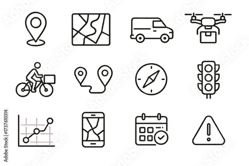 Vector route calendar icon optimization cargo van mapping icons schedule highlighted gps