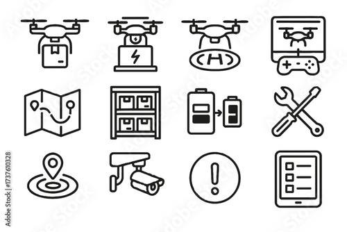 Route security package swap battery inventory hub drone tools icons landing icon