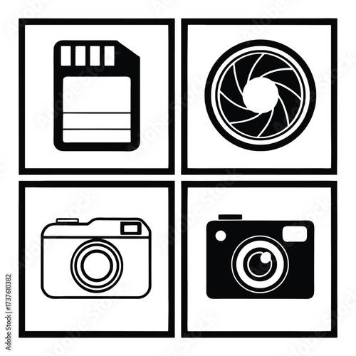 Photography and videography icons camera sd card aperture and digital camera designs 